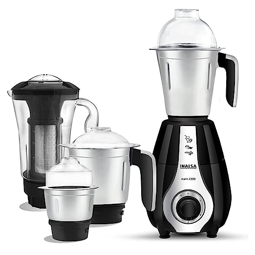 INALSA Mixer Grinder 1000 Watt, 4 Jar- Aarin with Powerful Copper Motor| Decorative Chrome Finish on Front | Includes Extra Pounding/Mincing & Whisker Blades| 5 Year Warranty on Motor, (Black) INALSA Mixer Grinder 1000 Watt, 4 Jar- Aarin with Powerful Copper Motor| Decorative Chrome Finish on Front | Includes Extra Pounding/Mincing & Whisker Blades| 5 Year Warranty on Motor, (Black)